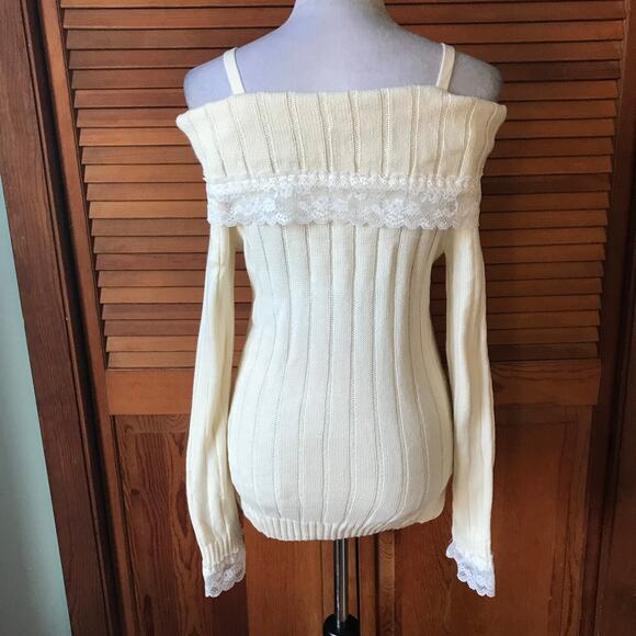 J-fashion Jirai Kei Gyaru Ivory Fold-Over Ivory White Off-Shoulder Sweater M - Picture 7 of 9